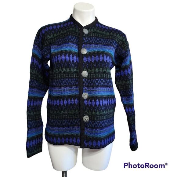 Vintage Norvyk by Ren - Dale wool cardigan blue & green button up S - Picture 1 of 8